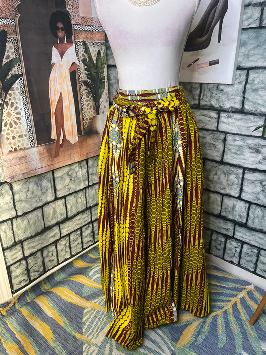 NEW African Print Skirt Yellow Burgundy Women sz One Size (BEST FITs UP to Large)