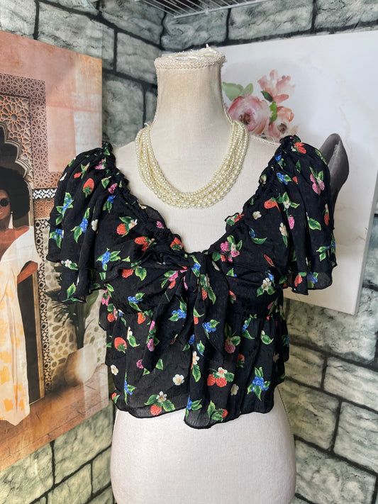 Zara Black Floral Blouse Women sz Large