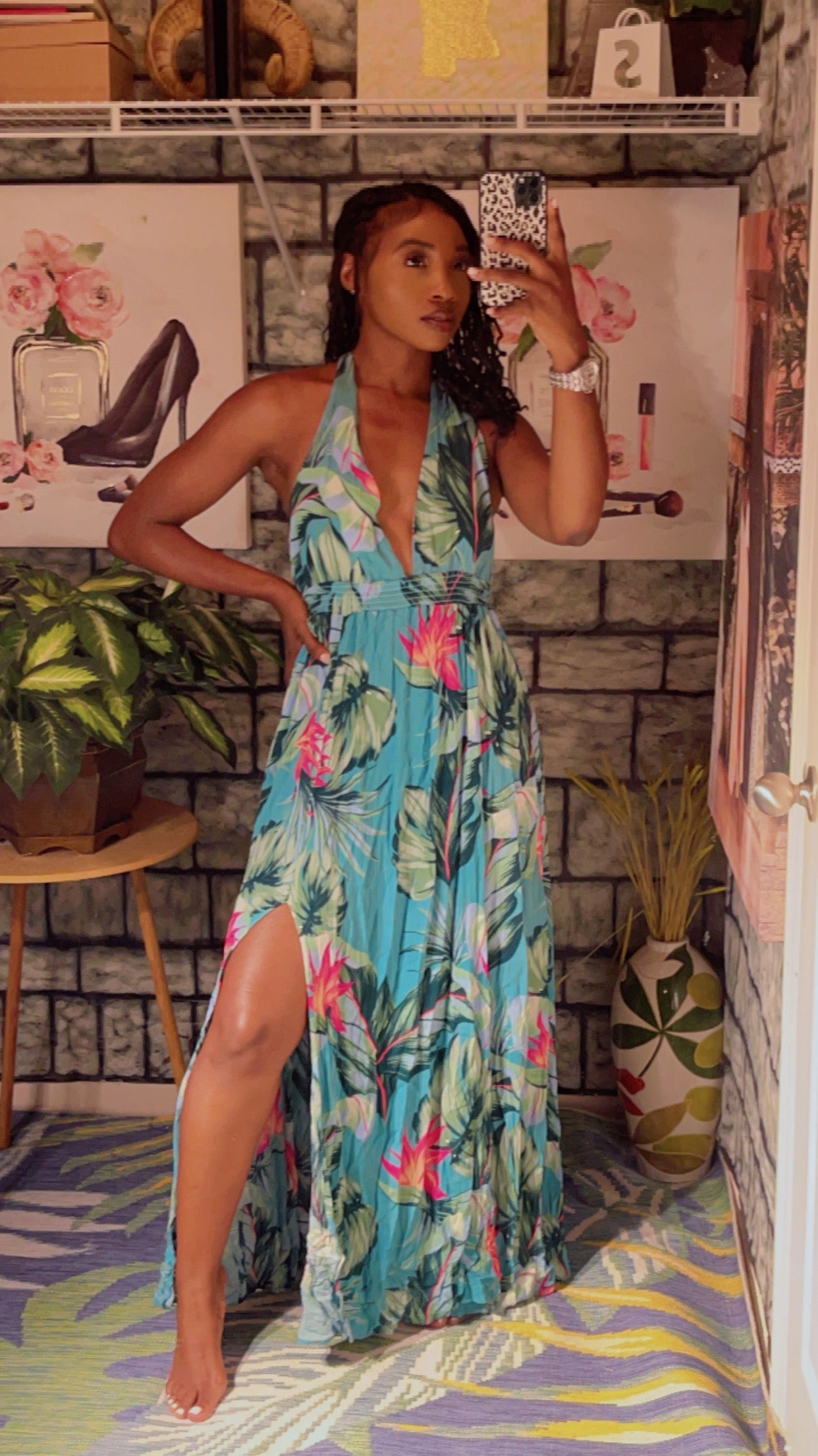 Mumu Green Pink Tropical Dress Women sz Large