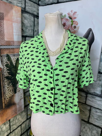 Zara Green Black Lips Half Button Blouse Women sz Medium