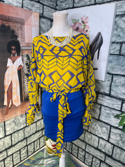 Monaco Blue Yellow Dress Women sz Large (BEST FITS LIKE A MEDIUM)