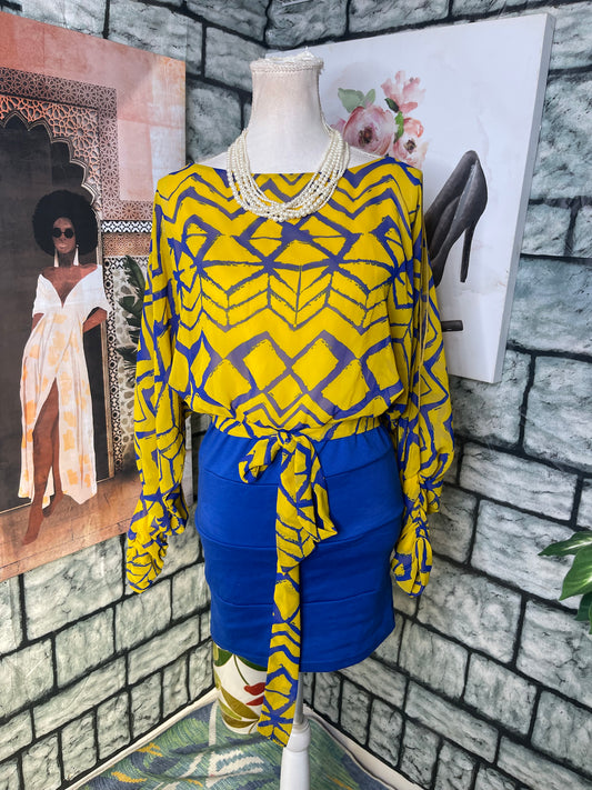 Monaco Blue Yellow Dress Women sz Large (BEST FITS LIKE A MEDIUM)