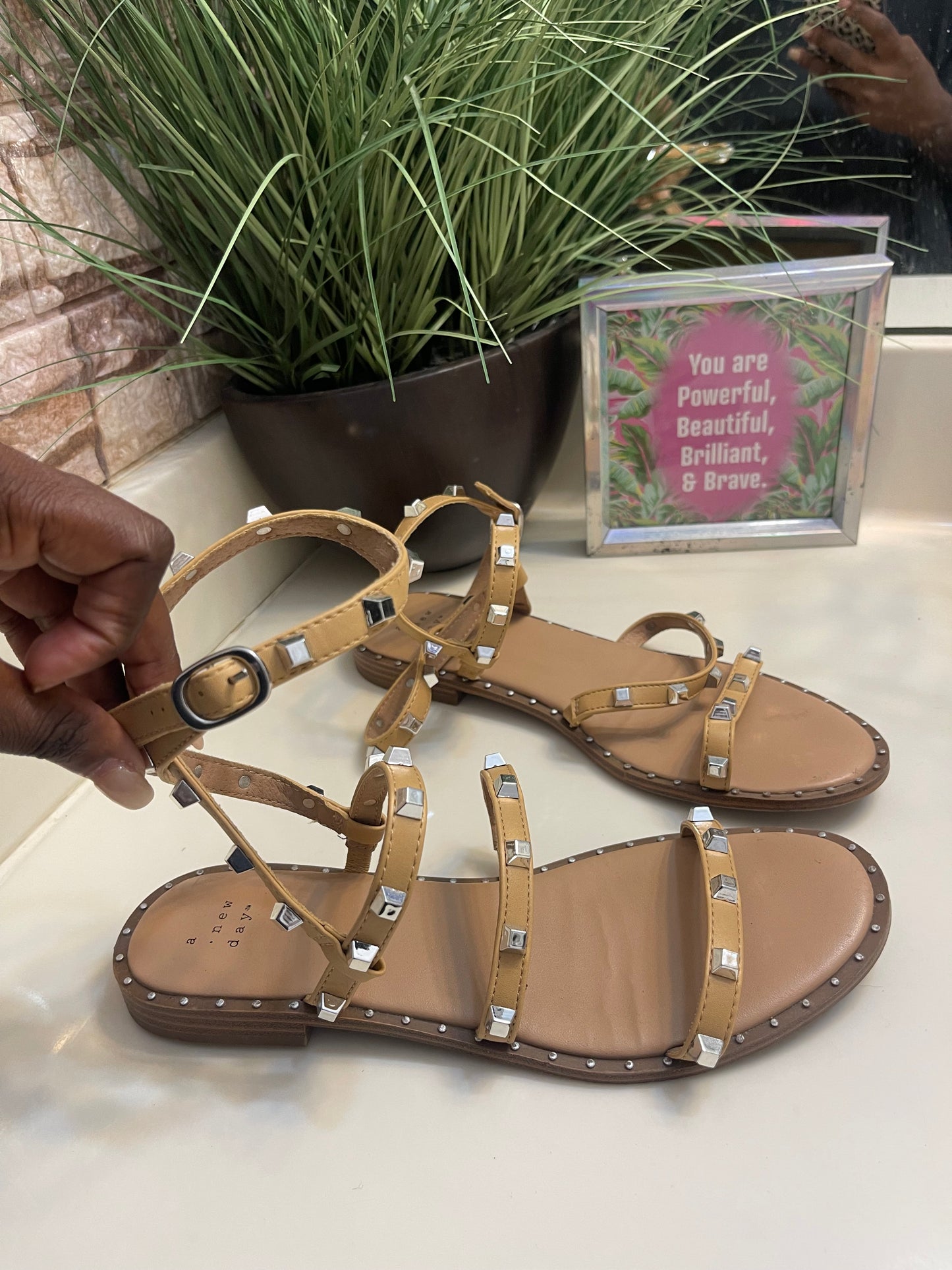 A New Day Tan Silver Sandals Women sz 7.5