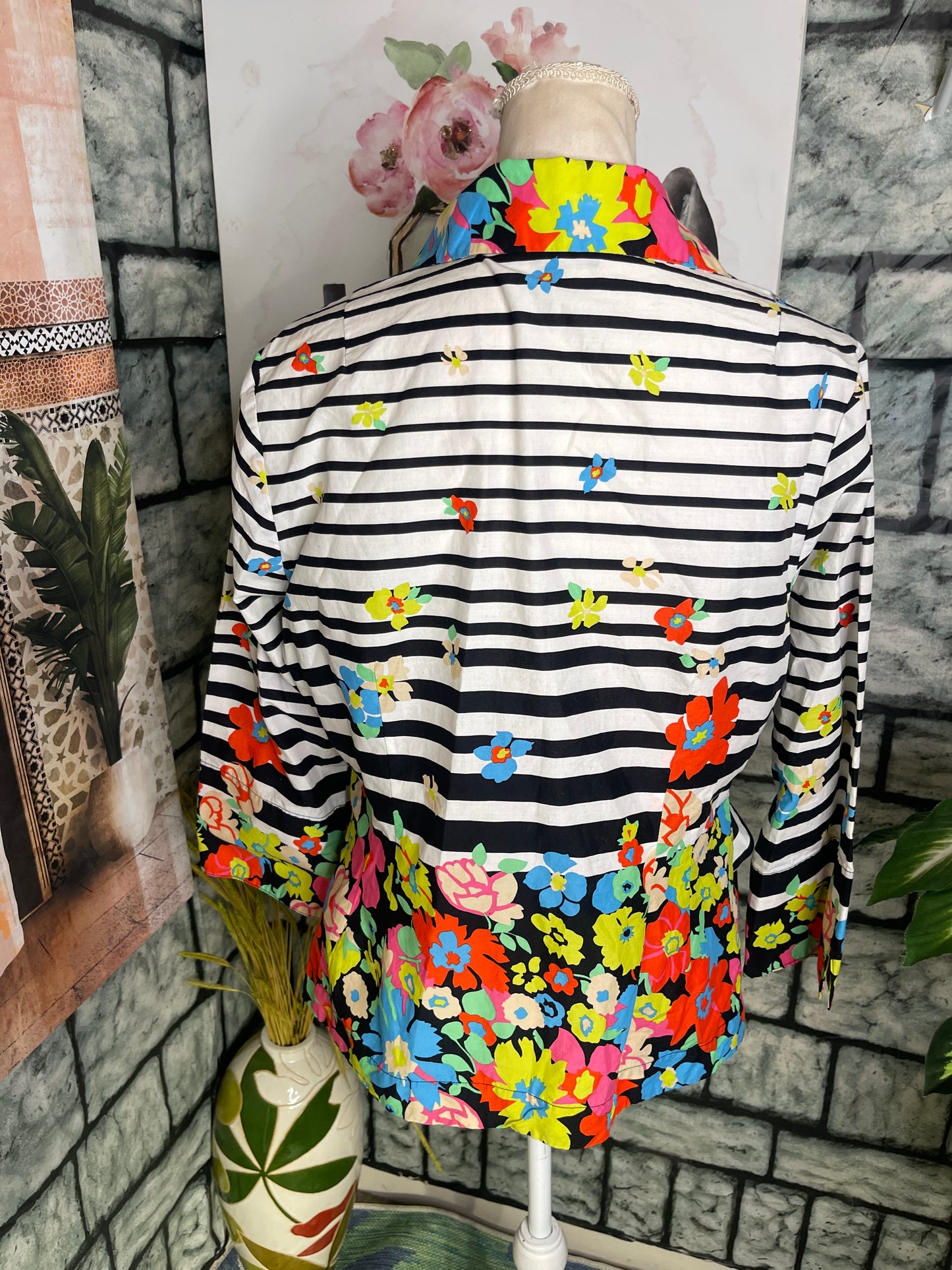 Mishca Black White Floral Button Print Blouse Women sz Large