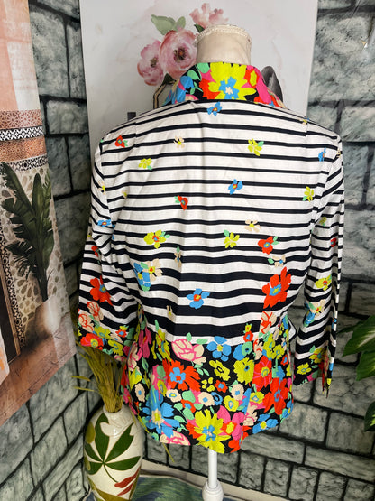 Mishca Black White Floral Button Print Blouse Women sz Large