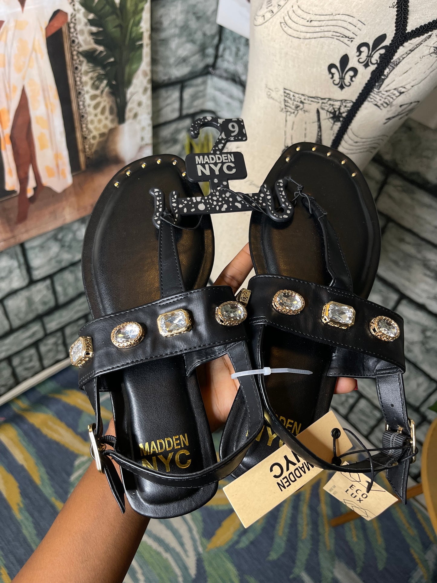 NEW Madden NYC Black Gold Sandals Women sz 9