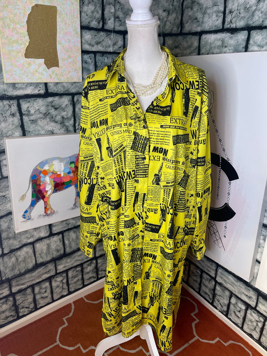 WoWo Yellow Black Button Print Dress Women sz 3XL