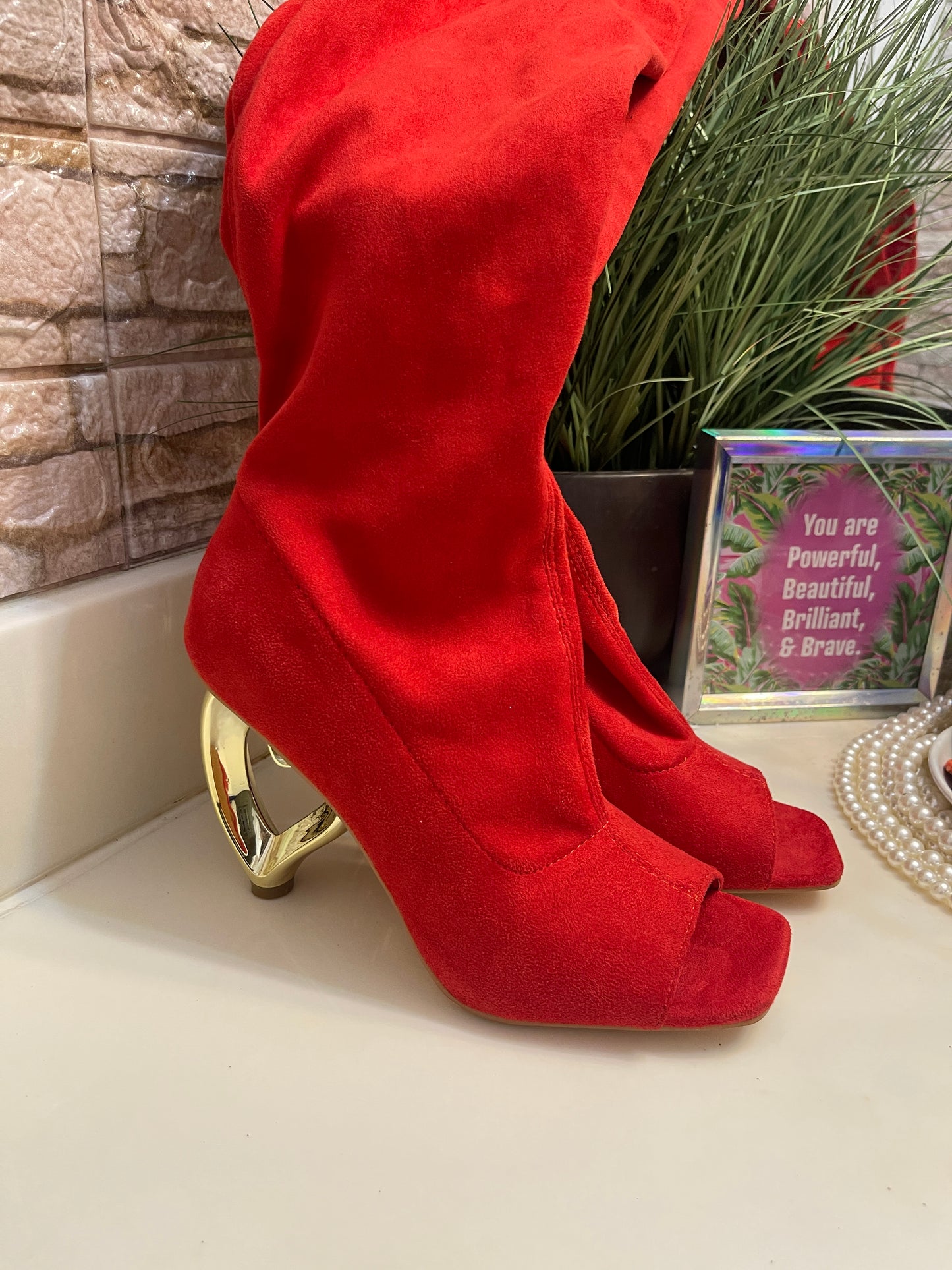 Yoki Red Tall Heart Heels Women sz 7