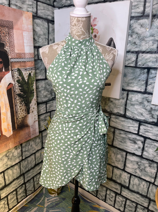 Green White Print Dress Women sz Small