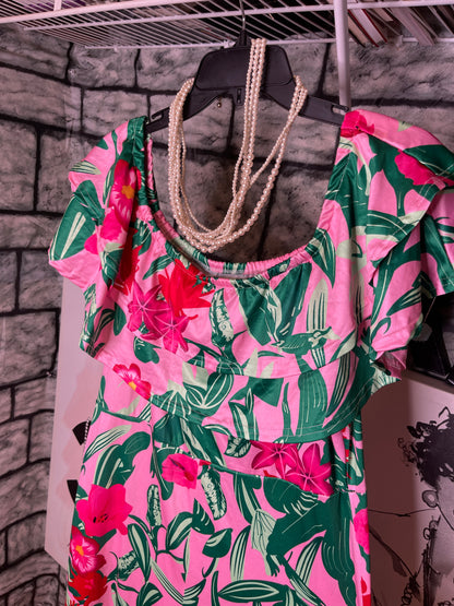 Pink Green Floral Jumpsuit Women sz XL