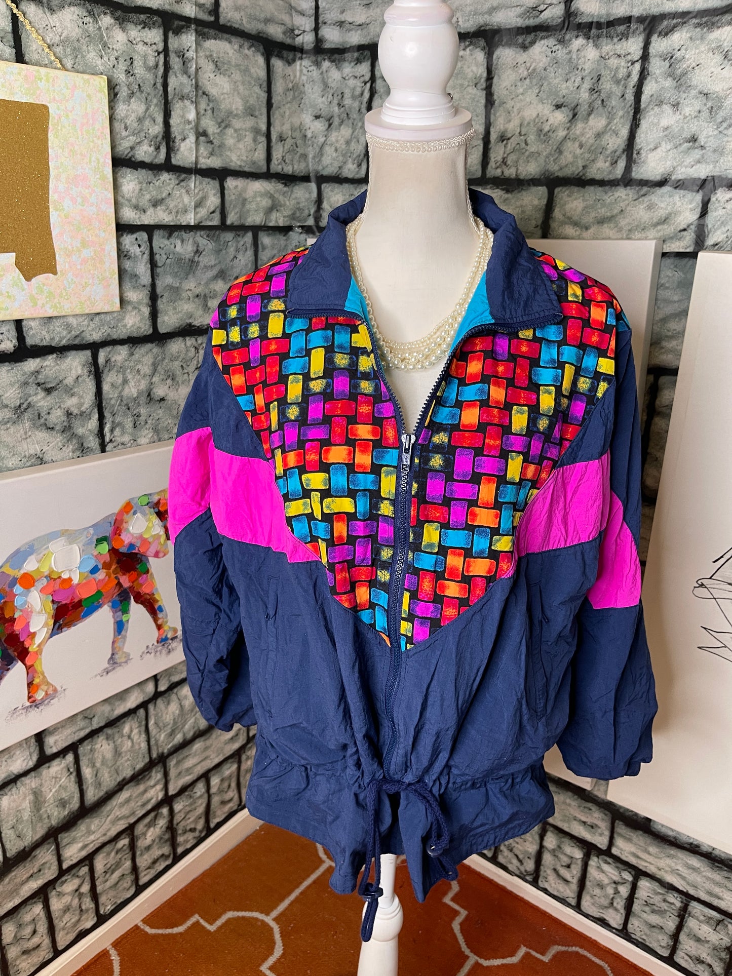 On Your Mark Blue Pink Red Purple and Green Vintage Zip Up Jacket Women Sz Medium