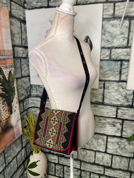 NEW Black Burgundy Print Crossbody Handbag