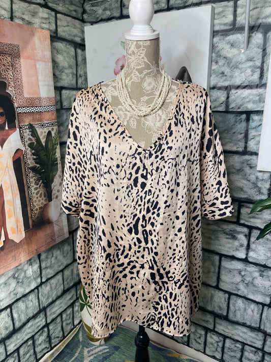 Entro Beige Black Print Blouse Women sz 2XL