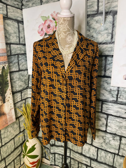 Forever 21 Black Orange Print Blouse Women sz Large