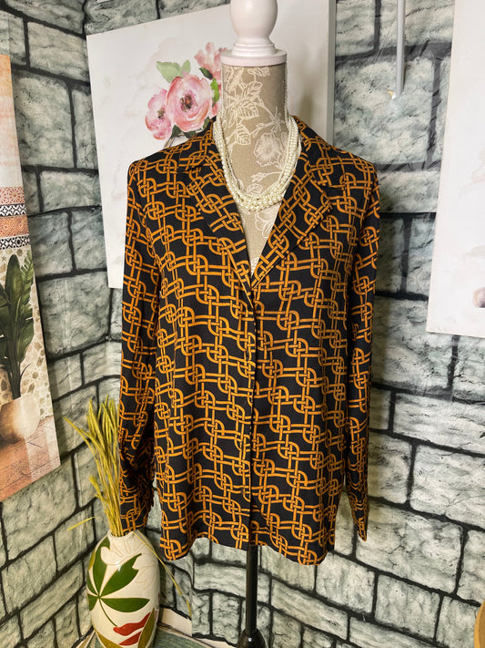 Forever 21 Black Orange Print Blouse Women sz Large