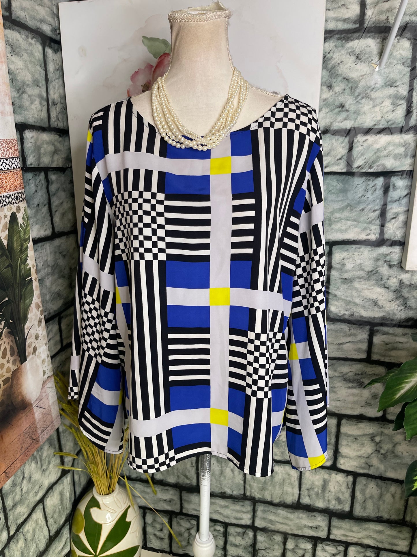 Ellen Tracy Black White Blue Blouse Women sz XL