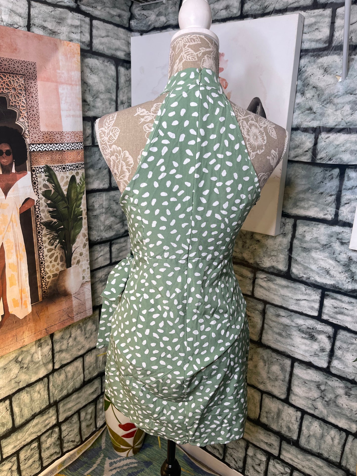 Green White Print Dress Women sz Small