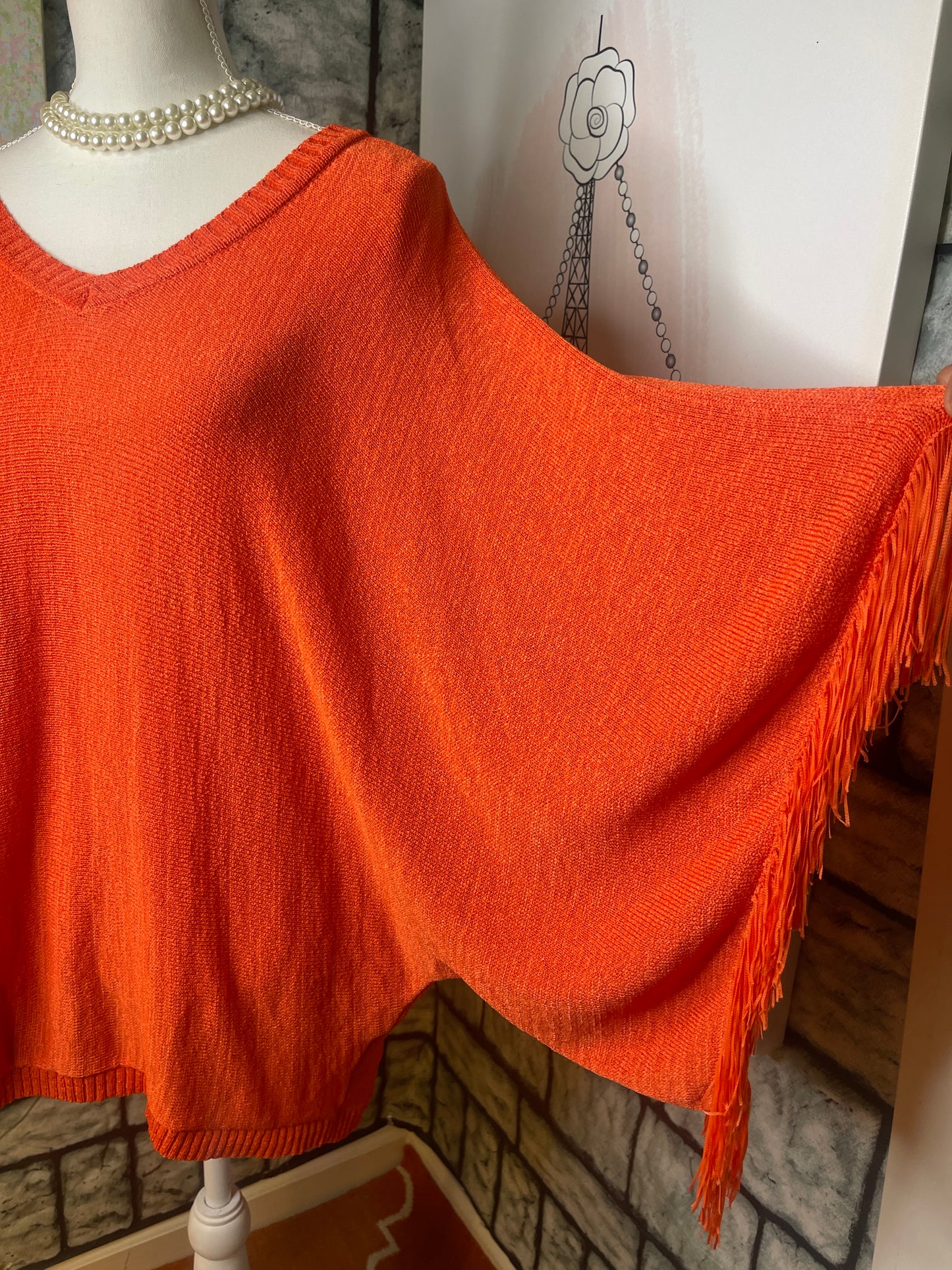 Orange fringe blouse women sz One size (would say fits up to Large)