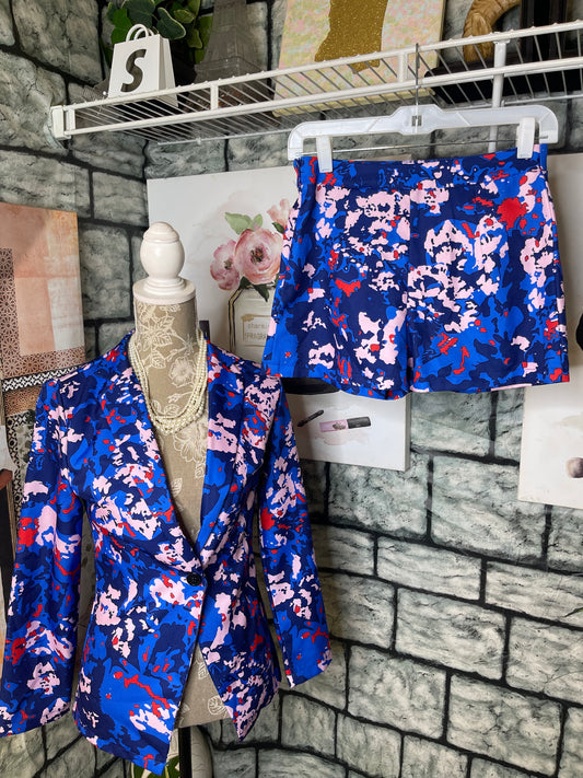 Blue Pink Print Blazer 2 Piece Set Women sz Medium