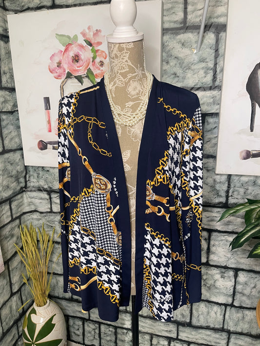 Susan Graver Blue Yellow Print Cover Top Women sz Small