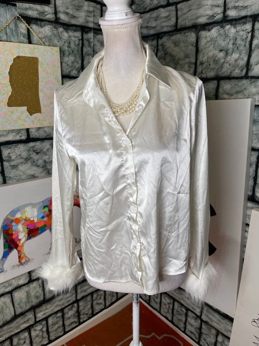 Shein White Fur Silk Button Blouse Women sz Small