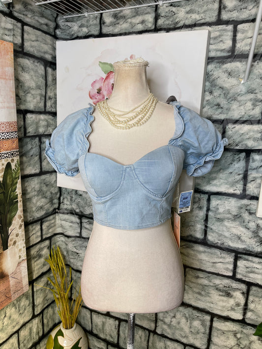 NEW Blashe Blue Denim Crop Top Women sz Small