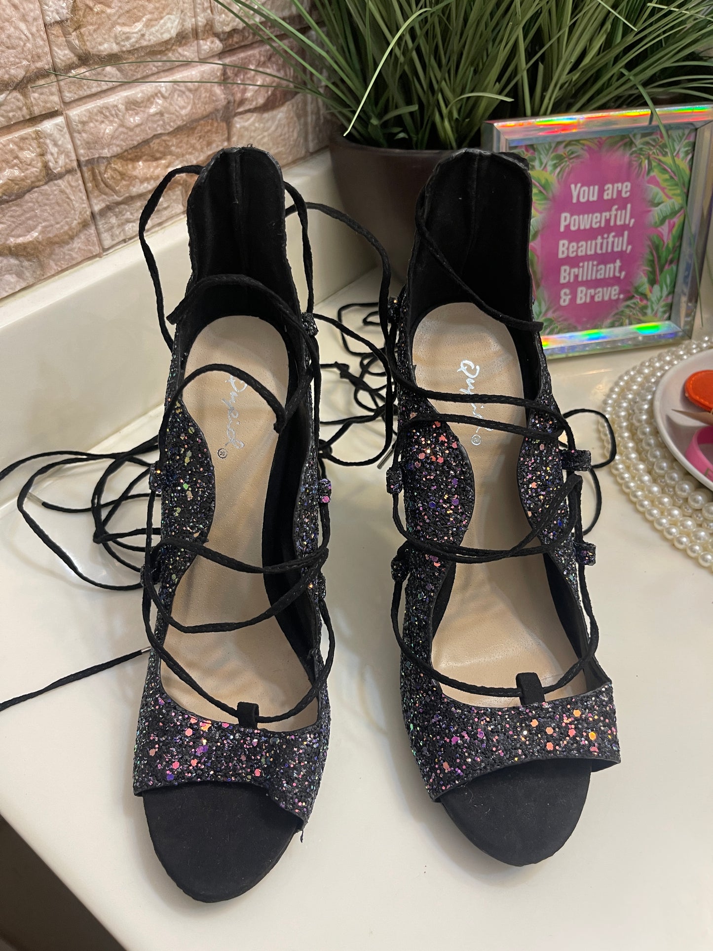 Qupid Purple Black Glitter Heels Women sz 8