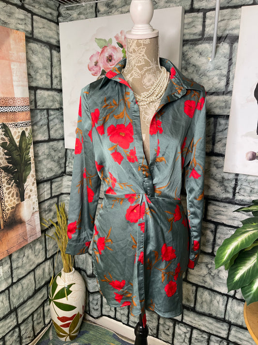 Parisian Green Red Floral Dress Women sz 8