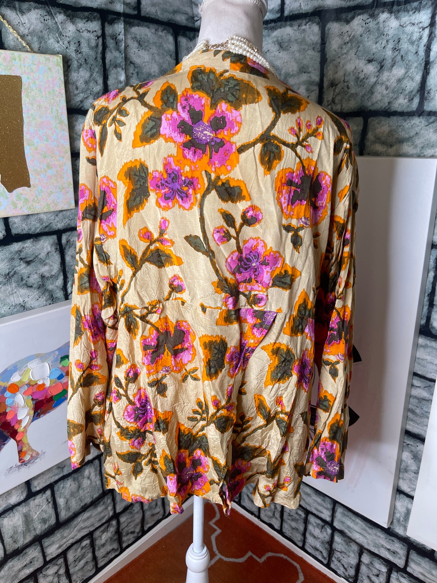 Masai Tan Flroal Blouse Women sz XL