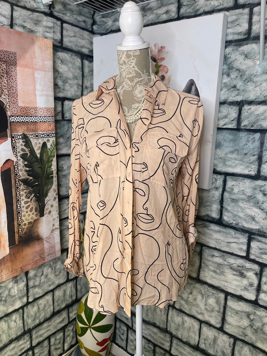 Milly & Honey Tan Black Button Blouse Women sz Medium