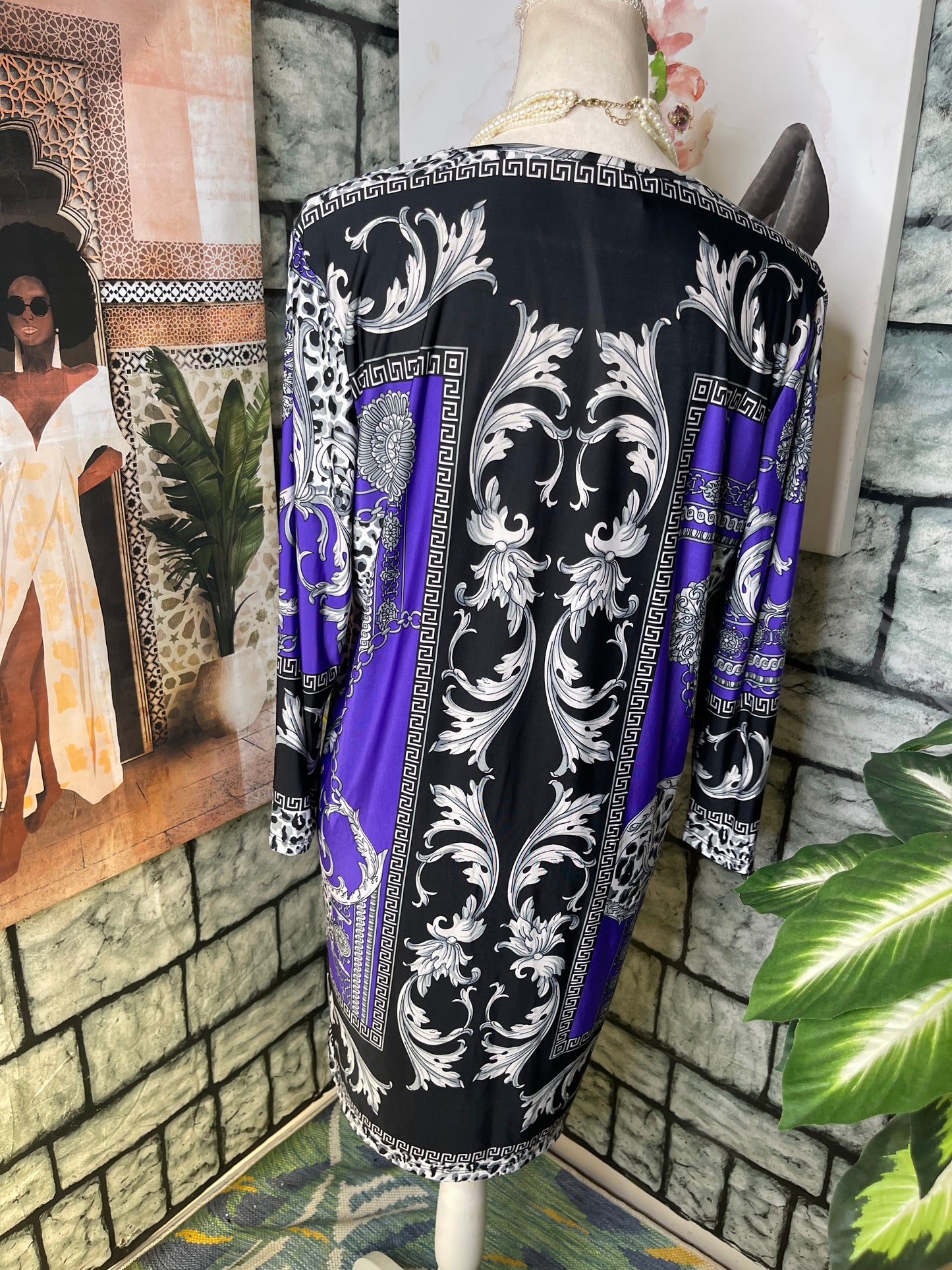 Milano Purple Black Print Dress Women sz Large