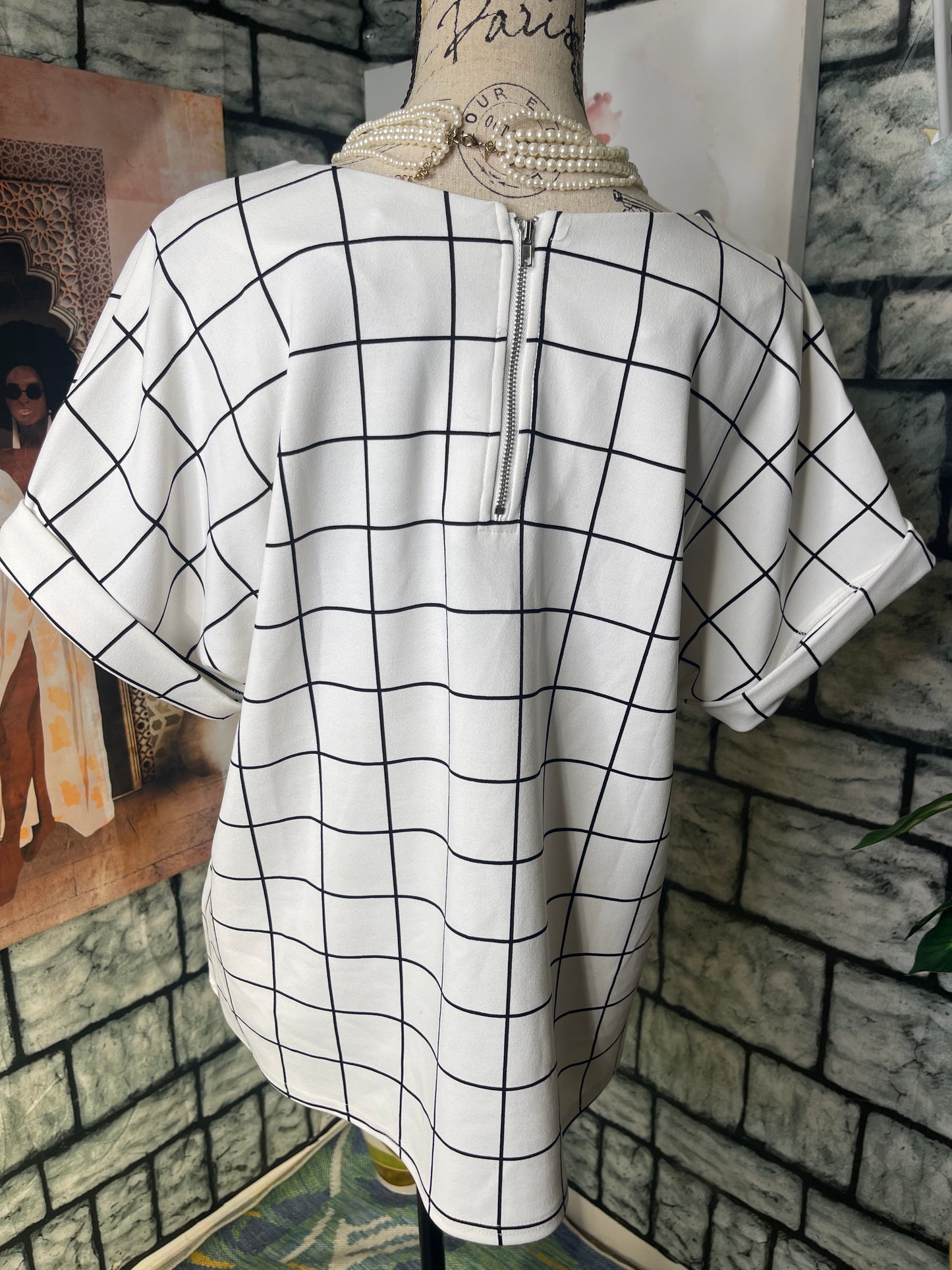 Melloday White Black Print Blouse Women sz Large