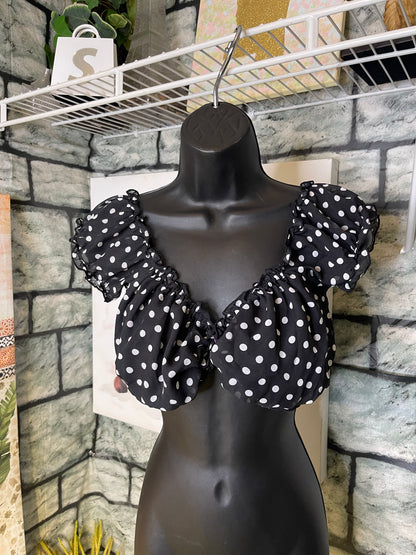 American Dream Black White Polka Dot Half Blouse Women sz Small