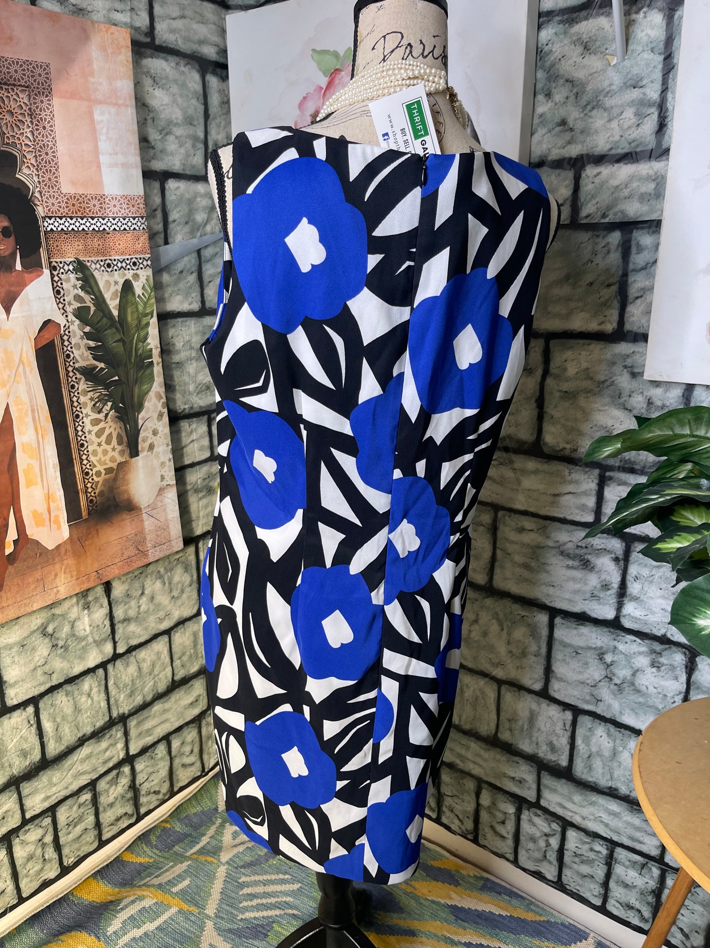 IN Studio Blue Black Print Dress Women sz 16