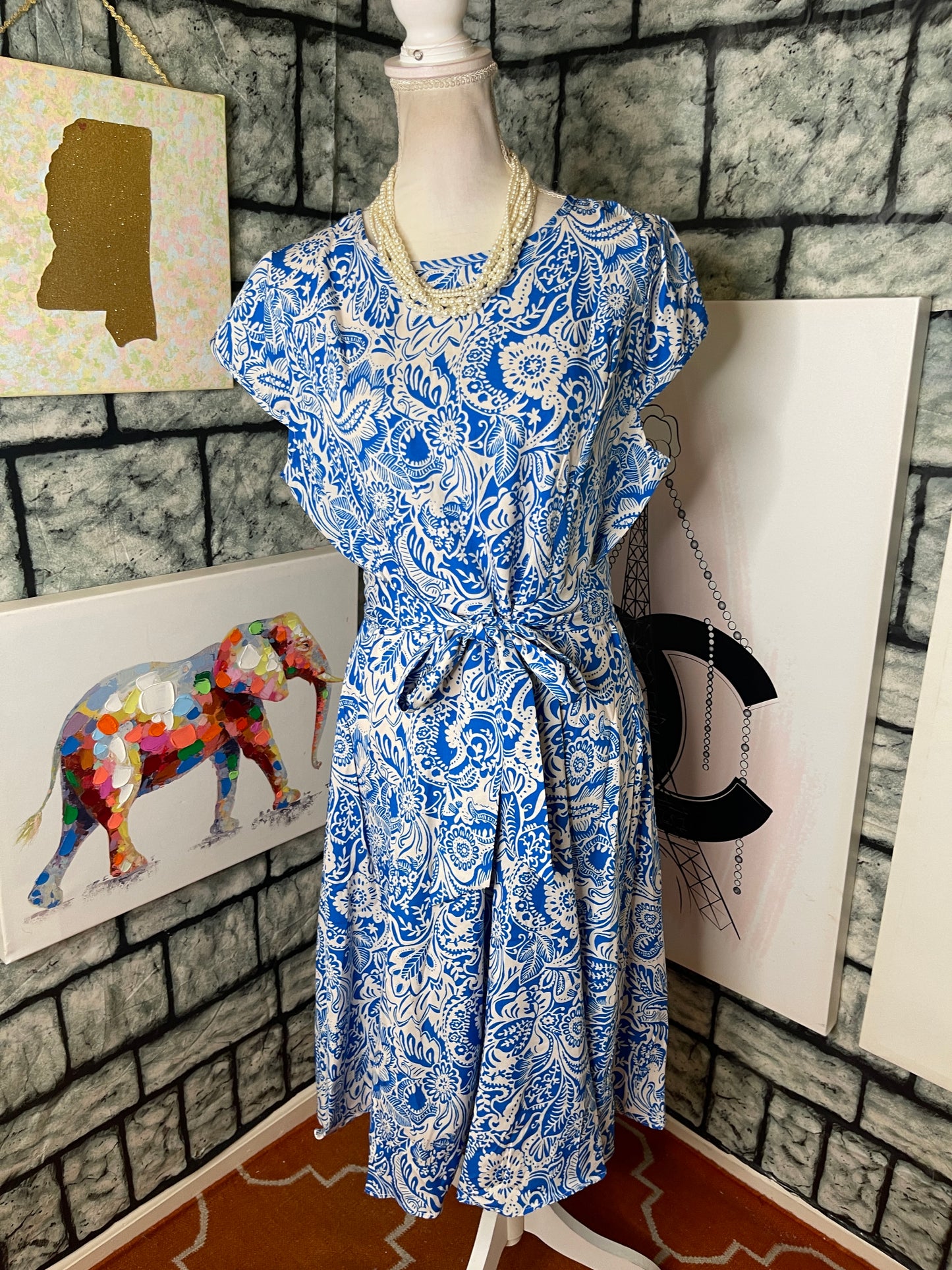 Blue White Print Dress Women sz XL