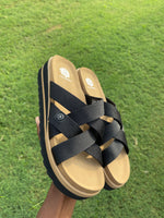 Yellow box sandals black brown women sz 8.5