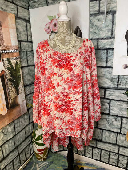 Pink Red Floral Blouse Women sz 4XL