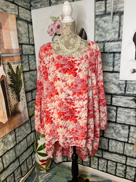 Pink Red Floral Blouse Women sz 4XL