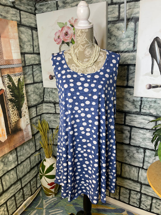SJS Blue Gray Polka Dot Dress women sz Large