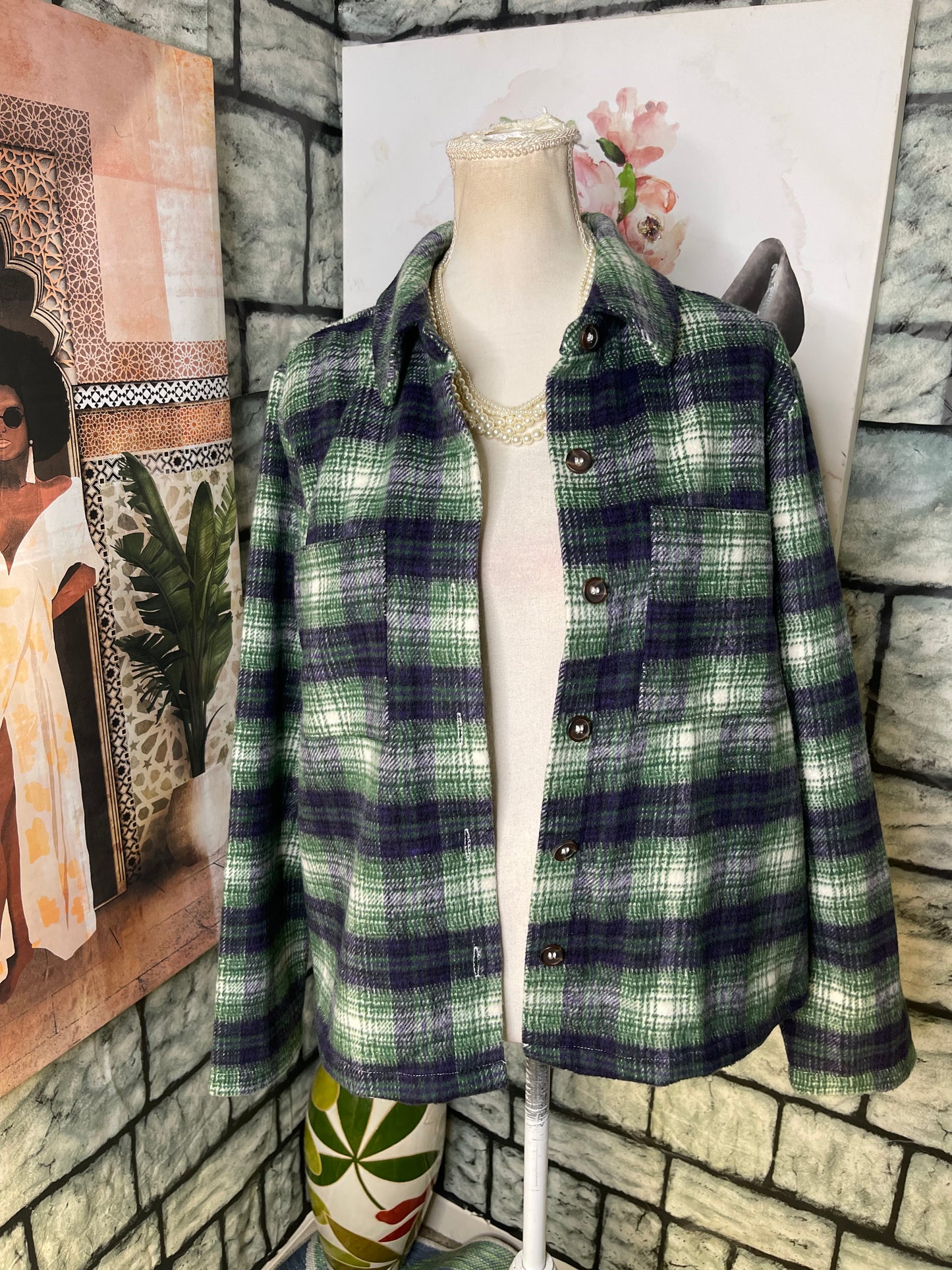 Melloday Green Blue Button Thick Shirt Women sz Medium