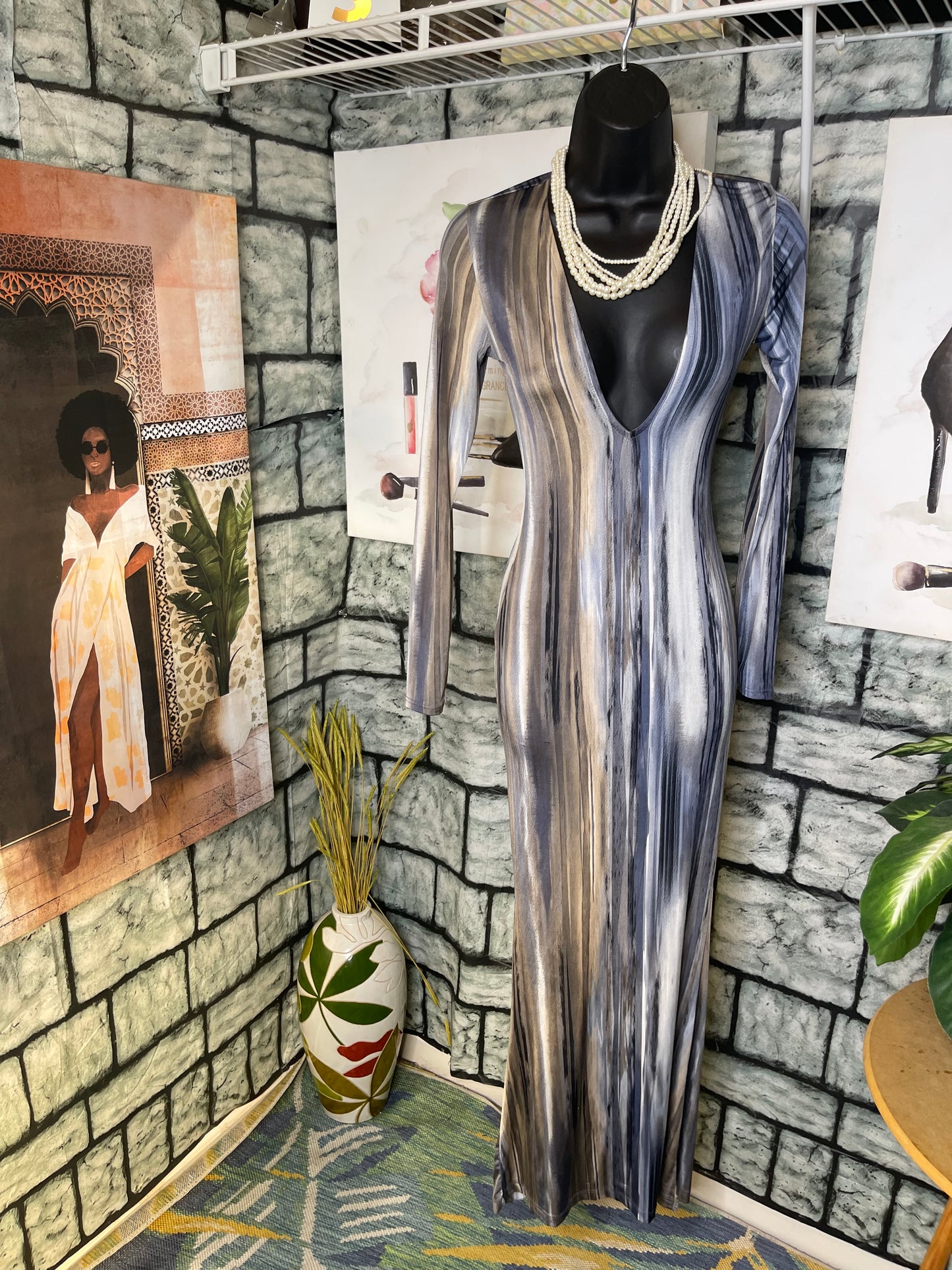 Fashion Nova Gray Print Dress Women sz Medium