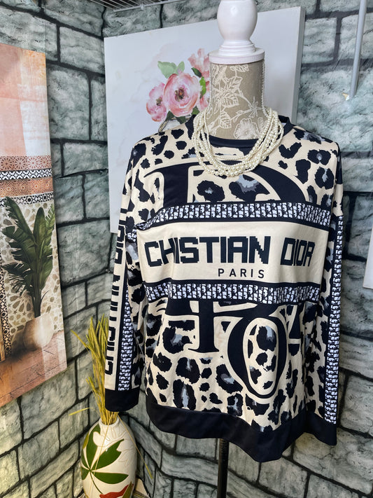 "Dior" Tan Black Print Blouse Women sz Medium