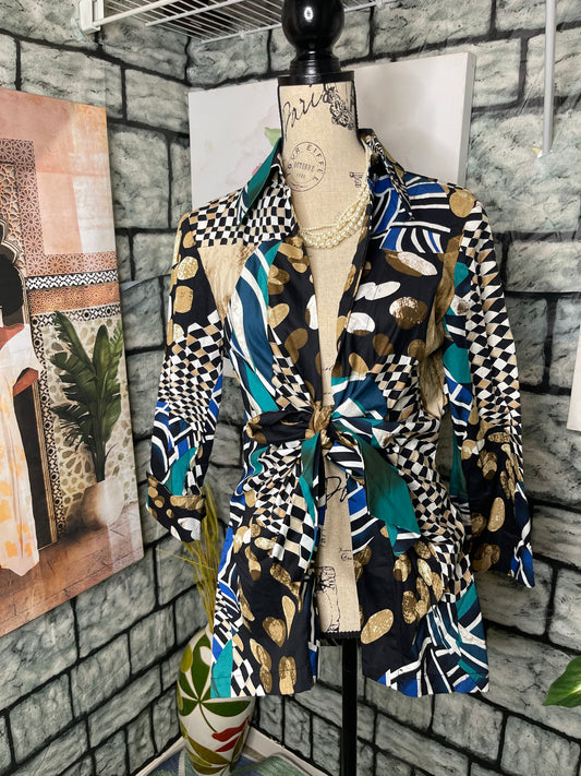 Mishca Blue Black Print Blouse Women sz Large