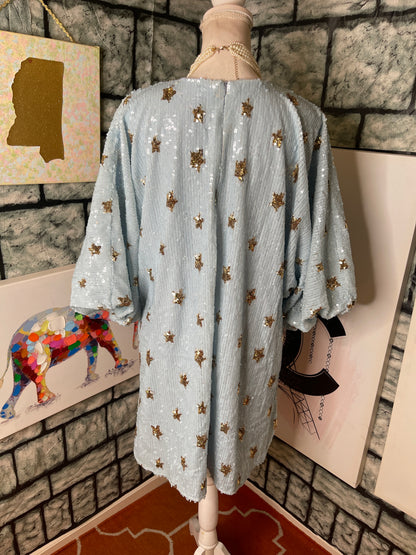 Marble Blue Gold Star Sequin Dress Women sz Medium