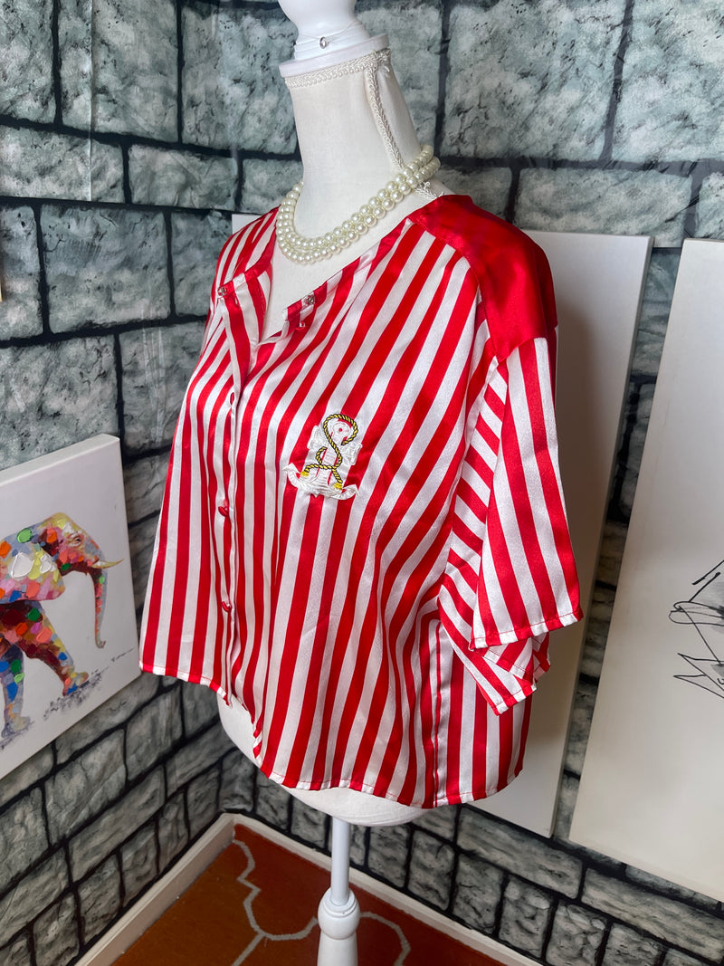 Val mode red white silk blouse women sz large