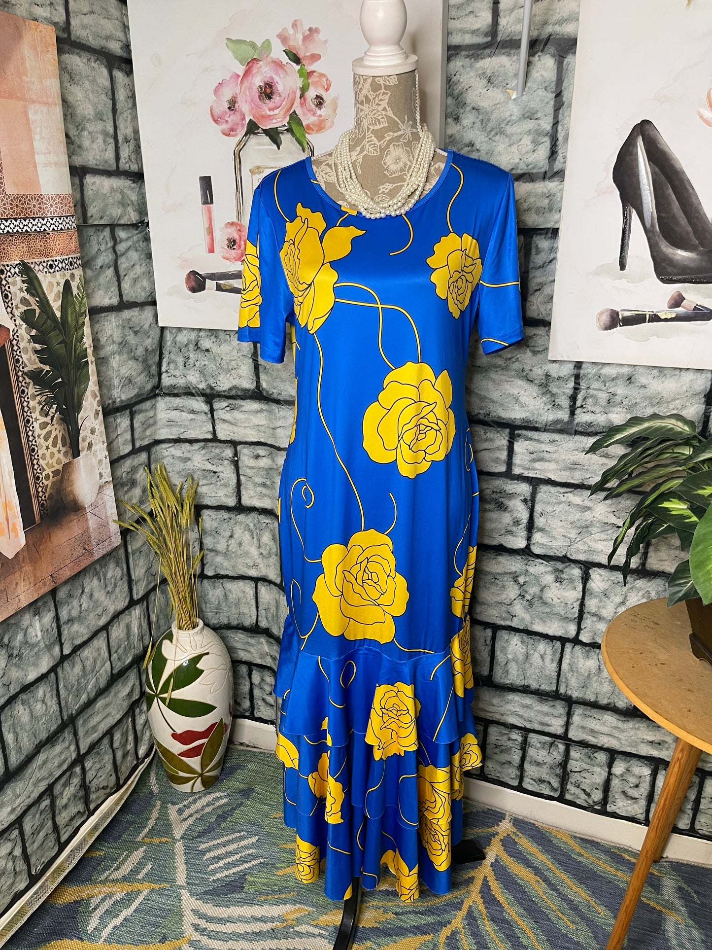 Shein Blue Yellow Floral Dress Women sz XL