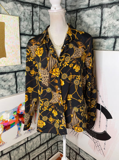 Notations Black Yellow Button Blouse Women sz Medium