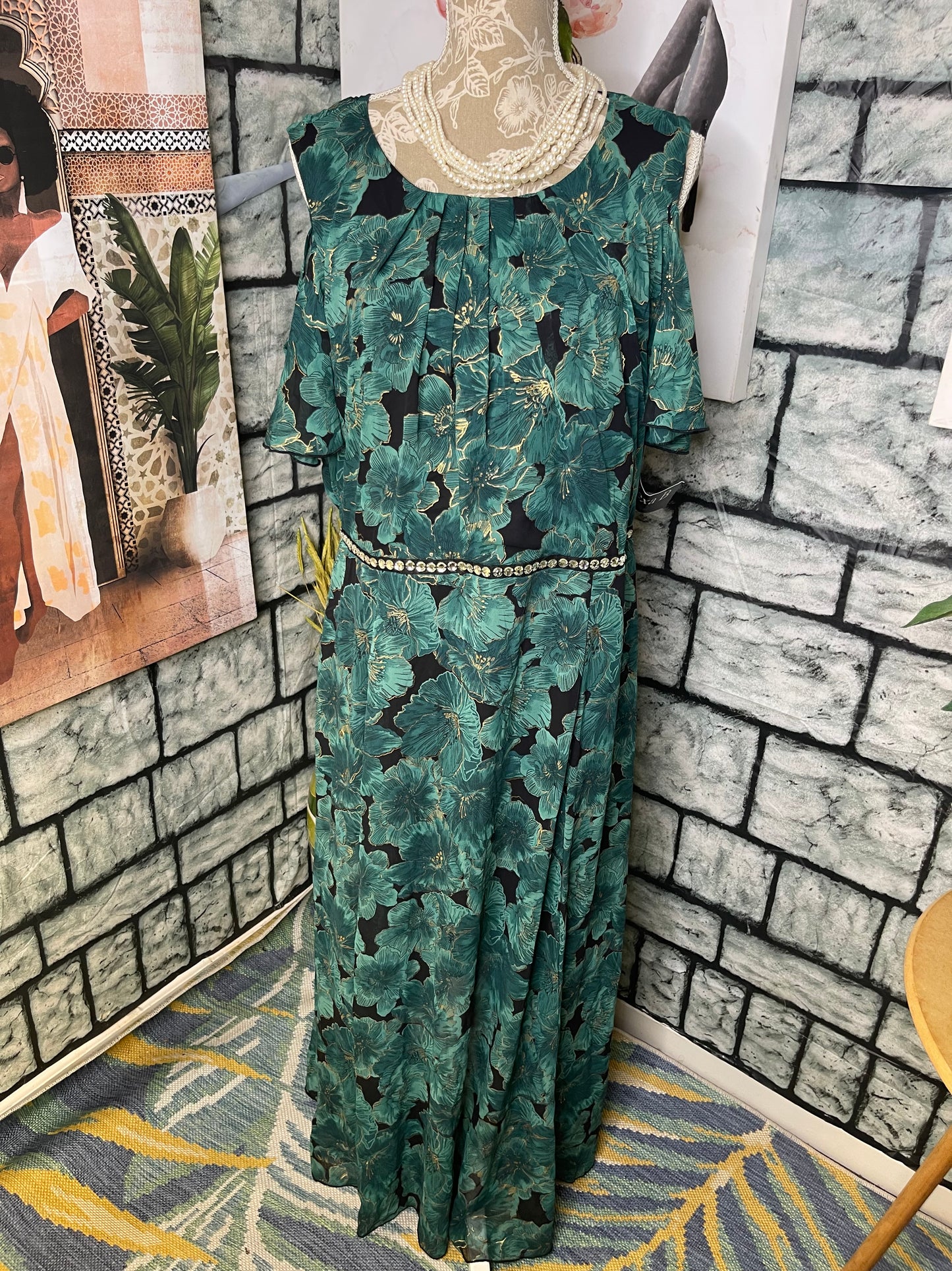 NEW Alexa B Nites Green Gold Print Dress Women sz 14