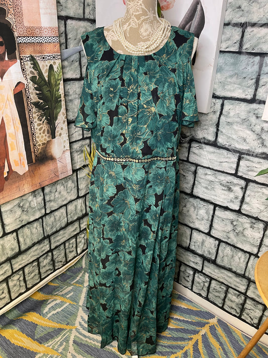 NEW Alexa B Nites Green Gold Print Dress Women sz 14