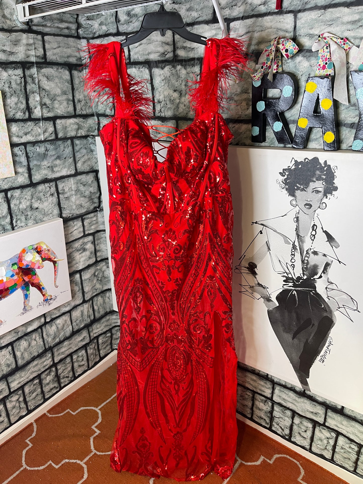 Zapaka Red Sequin Fur Formal Dress Women sz 20